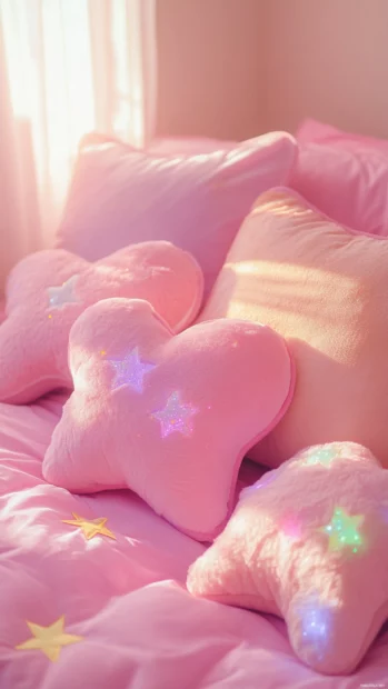 Kawaii style soft pillows shaped like hearts and stars on a pink bed.