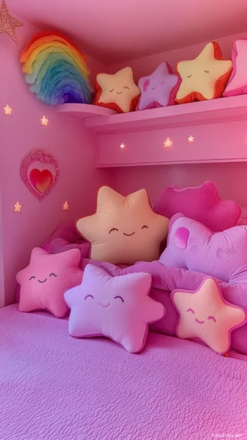 Kawaii style soft pillows shaped like hearts and stars on a pink bed.