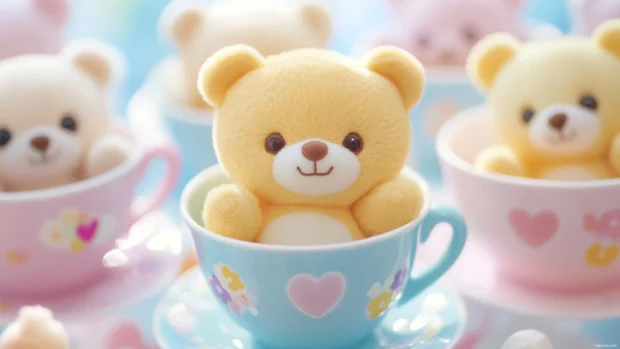 Kawaii teddy bears sitting inside teacups, a charming theme for cute pc wallpapers.
