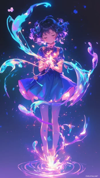 Kawaii themed cute cartoon wallpapers for iPhone with magical girls casting glitter spells.