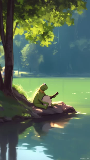 Kermit playing banjo, Miss Piggy, Fozzie Bear, and Muppets cheering on a sunny day.
