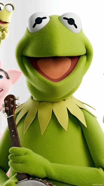 Kermit the Frog playing banjo on a sunny day with Miss Piggy, Fozzie Bear, and other Muppets cheering around him.