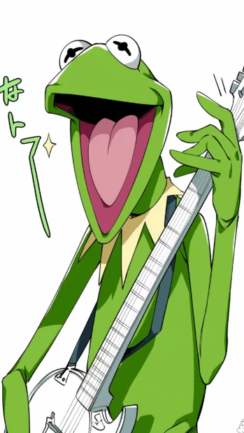Kermit the Frog playing banjo with Muppets cheering around him on a sunny day.