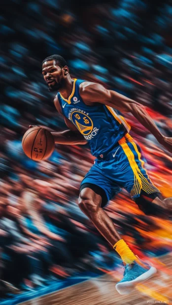 Kevin Durant showing off mid crossover with an abstract motion blur trail behind him.