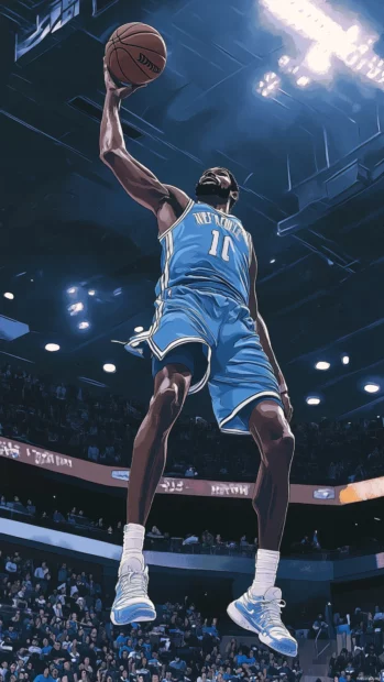 Kevin Durant stretching for a sky high block, comic book style rendering.