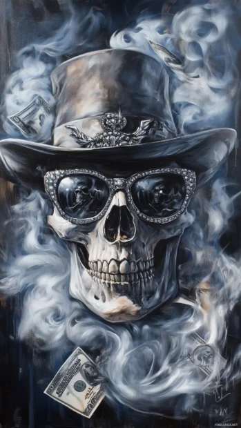 King gangster skull with a tilted fedora hat and diamond encrusted sunglasses, surrounded by swirling smoke and dollar signs.