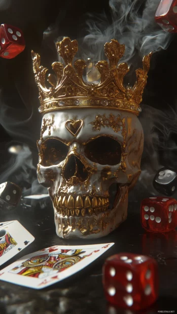 King skull with a luxurious gold crown, surrounded by smoke, playing cards, and dice, embodying a stylish gangster aesthetic.