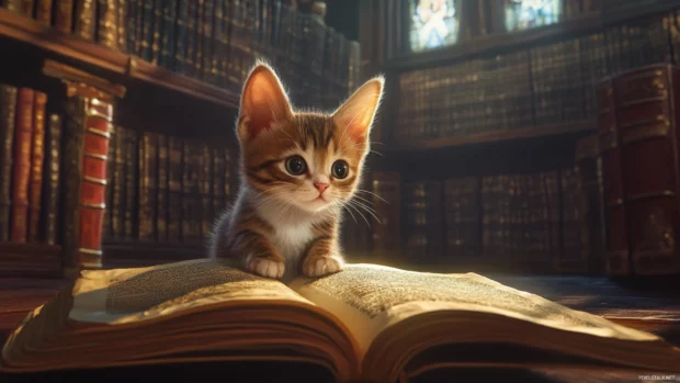 Kitten with oversized ears exploring a library filled with scrolls.