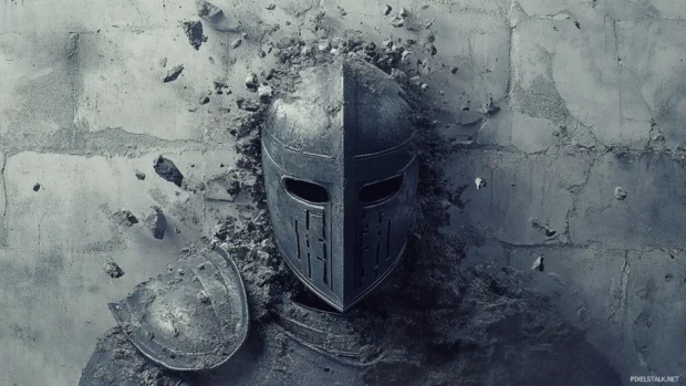 Knight face breaking through cement with lettering halo.