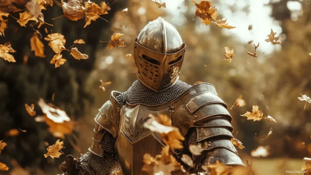 Knight in shining armor under falling leaves.
