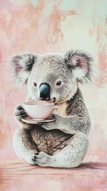 Koala sipping tea above faded pastel background.