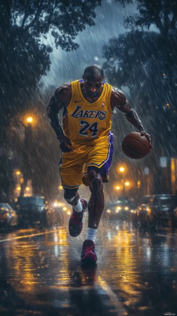 Kobe Bryant dribbling in the rain under moody streetlamp lighting.