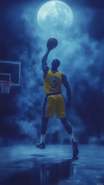 Kobe Bryant fadeaway jumper with a misty moonlit court in the background.