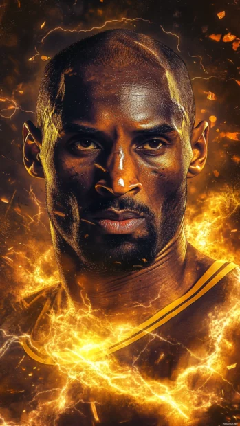 Kobe Bryant in Mamba mode, surrounded by lightning and flames, eyes focused.