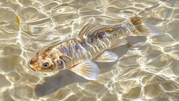 Koi fish close up, intricate scale patterns, calmly swimming, clear still water, soft color reflections creating.