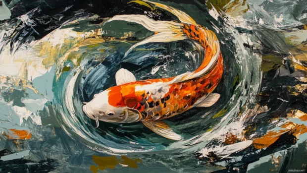 Koi fish weaving smoothly through a crystal clear pond.