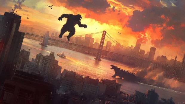 Kong leaping across buildings while Godzilla charges from the bay.