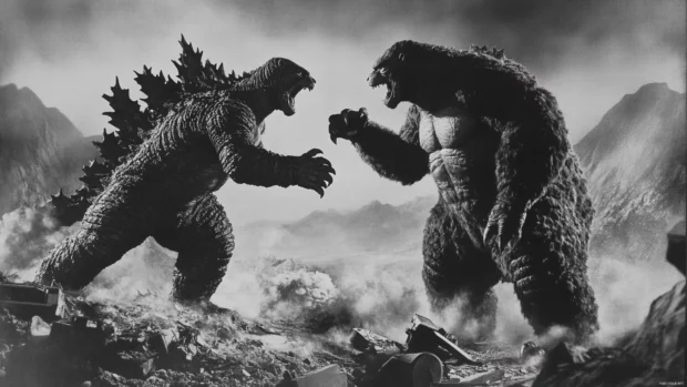 Kong lifting rubble as Godzilla prepares another atomic breath.
