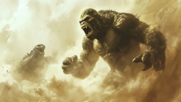 Kong preparing to strike while Godzilla roars through clouds of dust.