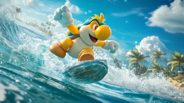 Koopa Troopa performs a trick mid jump in a tropical beach race surrounded by waves.