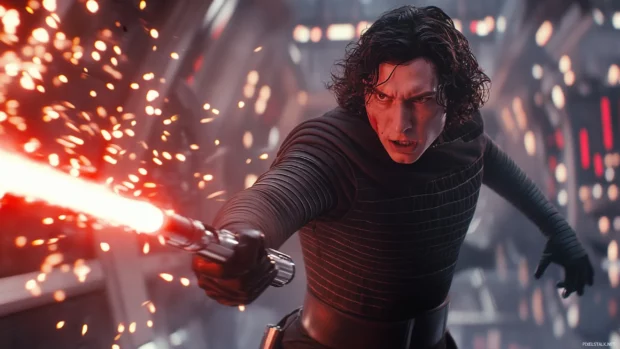 Kylo Ren in full costume with lightsaber sparks, included in top Star Wars background for PC users.