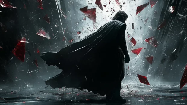 Kylo Ren surrounded by shards of broken glass and memories.