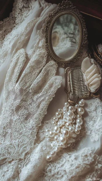 Lace gloves beside a pearl hairbrush and a pocket mirror.