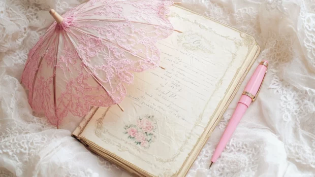 Lacy parasol beside a vintage diary and pink pen.