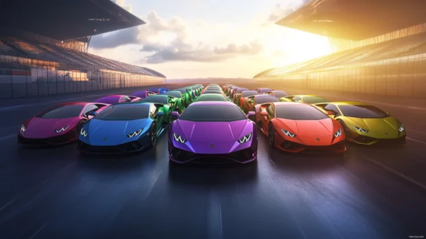 Lamborghini 4K Desktop Wallpapers presenting a rainbow color lineup at a motorsport expo under natural sunlight.