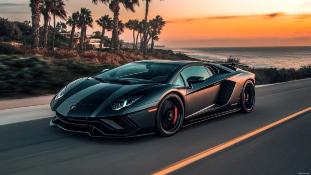 Lamborghini 4K Wallpapers featuring a matte black Aventador in full motion on a sunset lit coastal road.