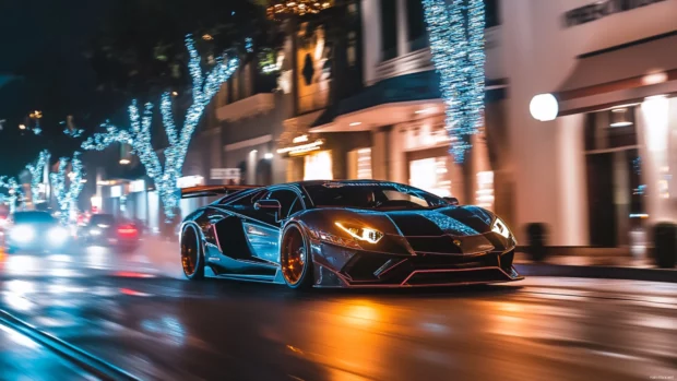Lamborghini 4K Wallpapers of a modified widebody Aventador roaring through the streets at night.