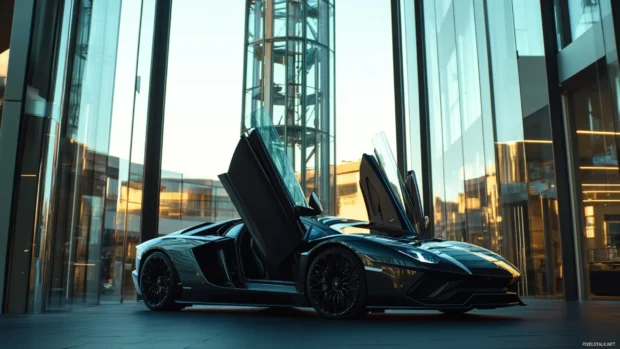 Lamborghini Aventador PC wallpaper highlighting the scissor doors open in front of a glass tower.