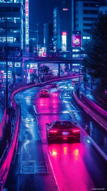 Lamborghini Aventador mobile wallpaper showing the car mid turn on a neon lit Tokyo expressway.