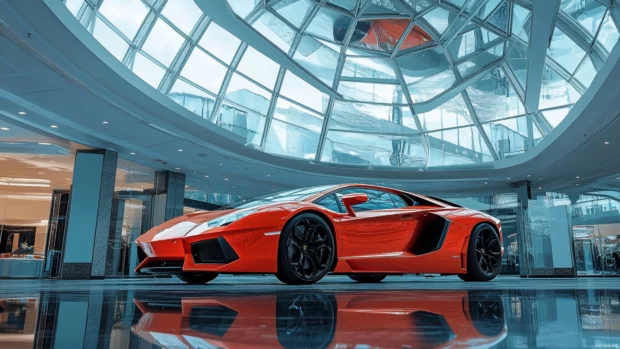 Lamborghini Aventador parked under a glass dome ceiling with reflections bouncing off its curves.