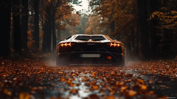 Lamborghini Aventador rushes through forest roads surrounded by autumn leaves.