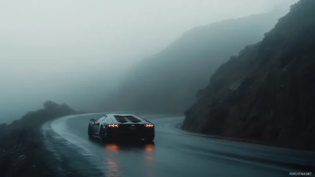 Lamborghini Aventador wallpaper featuring a matte black Aventador cruising through a foggy mountain road.