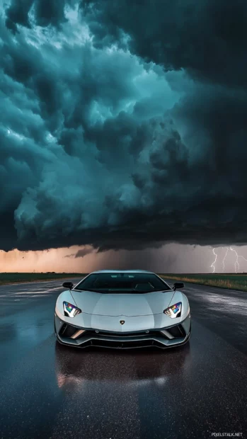 Lamborghini Aventador wallpaper with a silver Aventador under dramatic storm clouds.