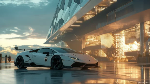 Lamborghini Huracan parked in front of a futuristic building with soft architectural reflections.