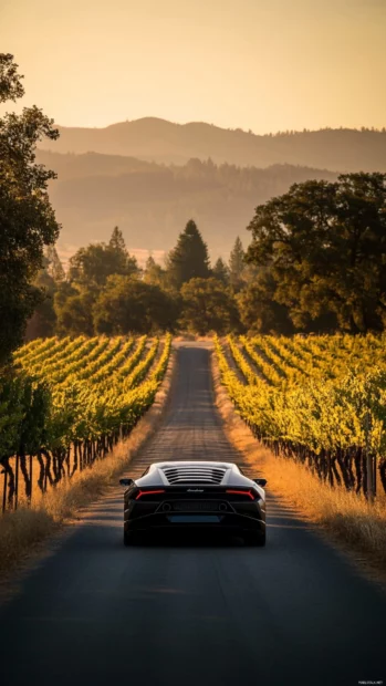 Lamborghini Huracan rushes past a vineyard road at dusk with golden ambiance.