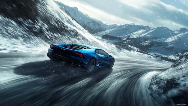 Lamborghini Huracan wallpaper displaying a blue model racing through sharp mountain curves.