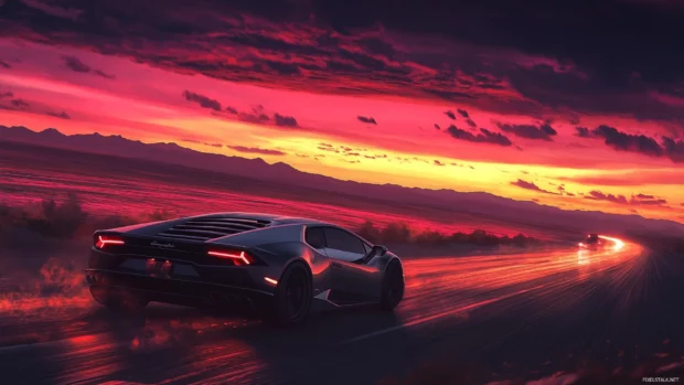 Lamborghini Huracan wallpaper featuring a matte black Huracan drifting across a desert highway at sunset.