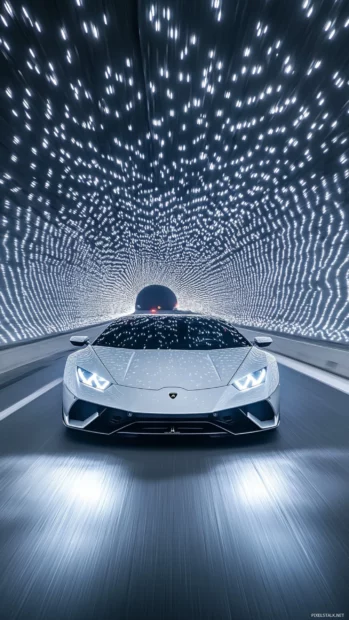 Lamborghini accelerates through a tunnel lined with LEDs.