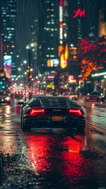 Lamborghini caught in a cinematic panning frame on a glowing rainy street.