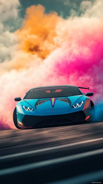 Lamborghini drifting around a corner with colorful smoke rising.