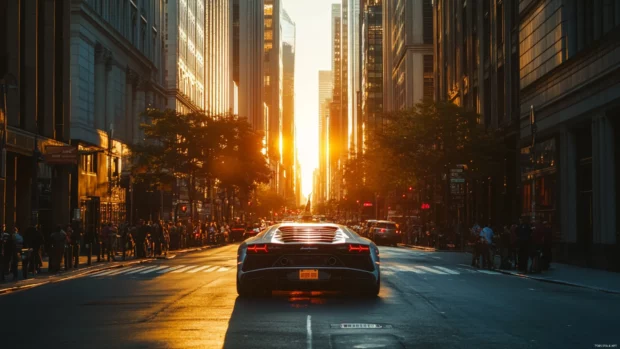 Lamborghini framed between towering skyscrapers in a financial district during golden hour.