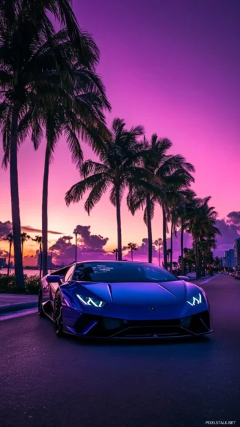 Lamborghini framed by palm trees and deep purple sky in vertical shot.