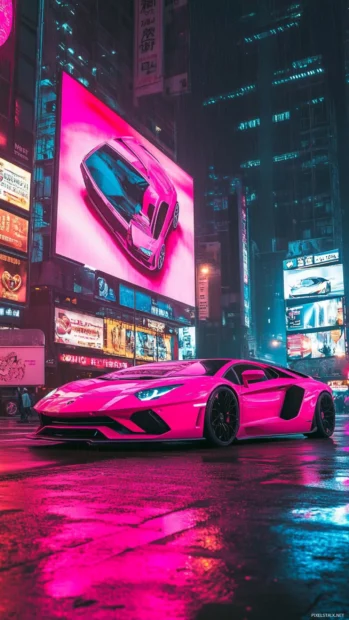 Lamborghini iPhone Wallpapers showing a pink custom Aventador parked under billboard glow.