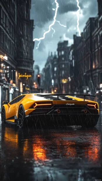 Lamborghini in a rain soaked street under a lightning struck dramatic sky.