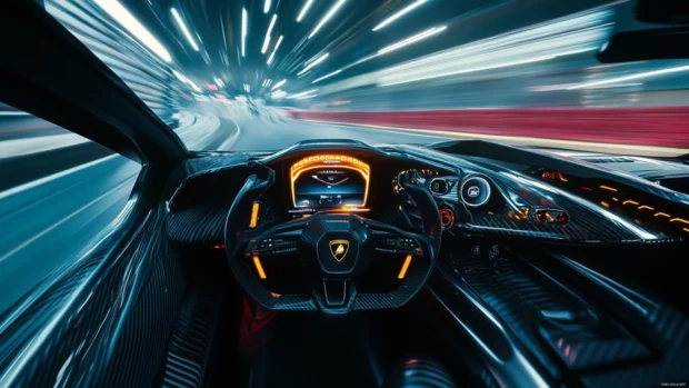 Lamborghini interior view showing the carbon fiber dashboard and digital speedometer in motion.