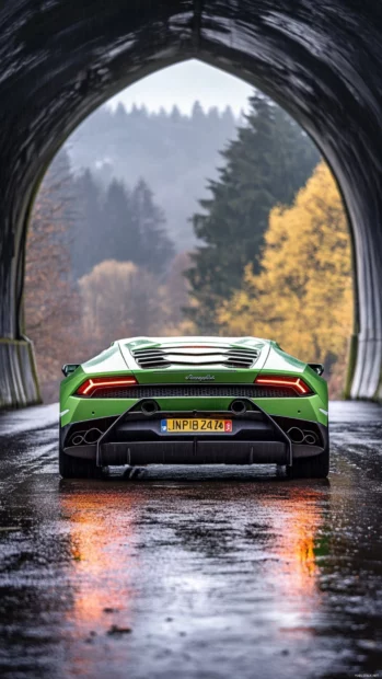 Lamborghini launching through a tunnel exit with dramatic backlighting.